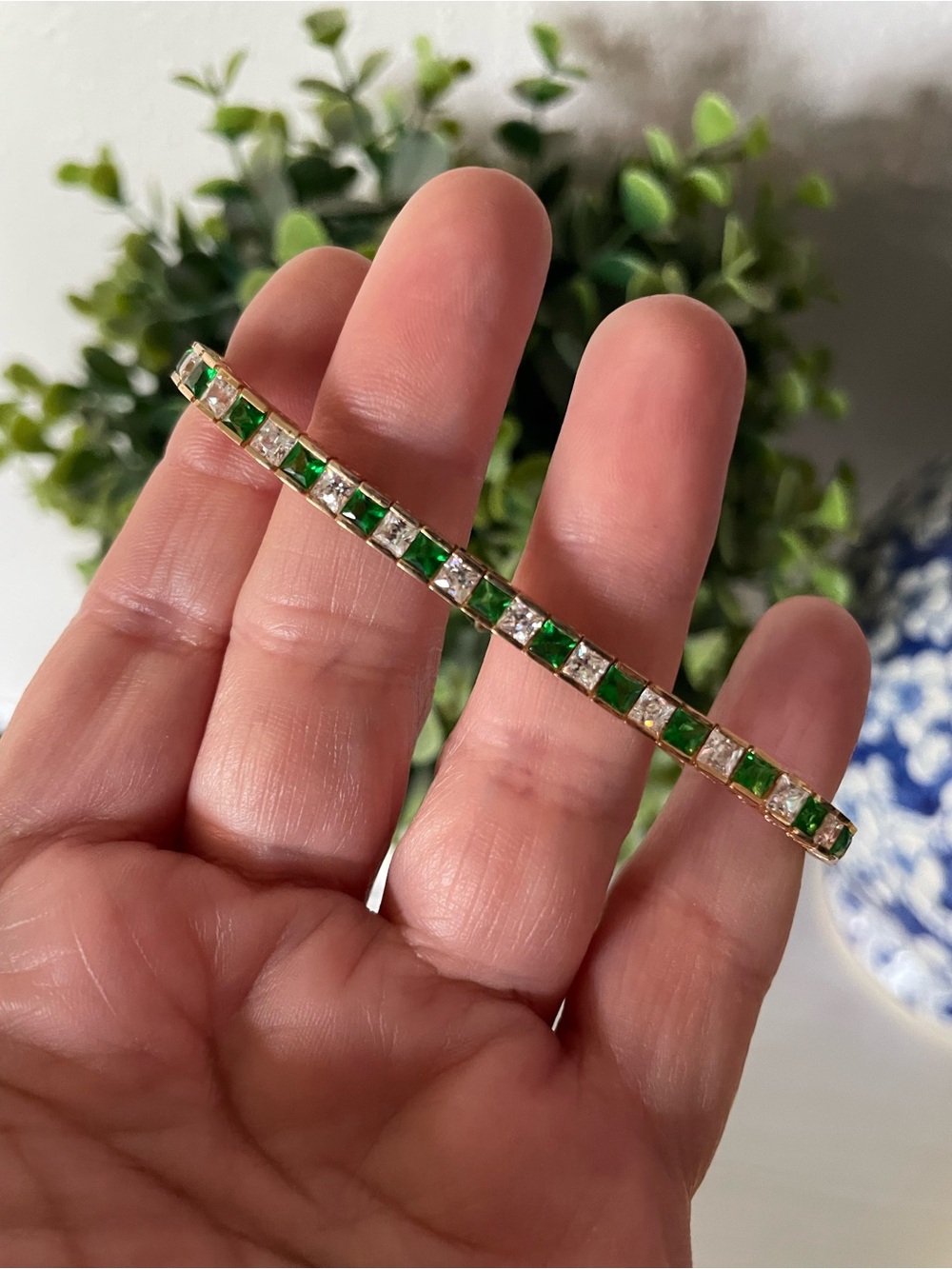 Princess Cut Gold over Sterling silver 925 Simulated Emerald CZ Tennis Bracelet